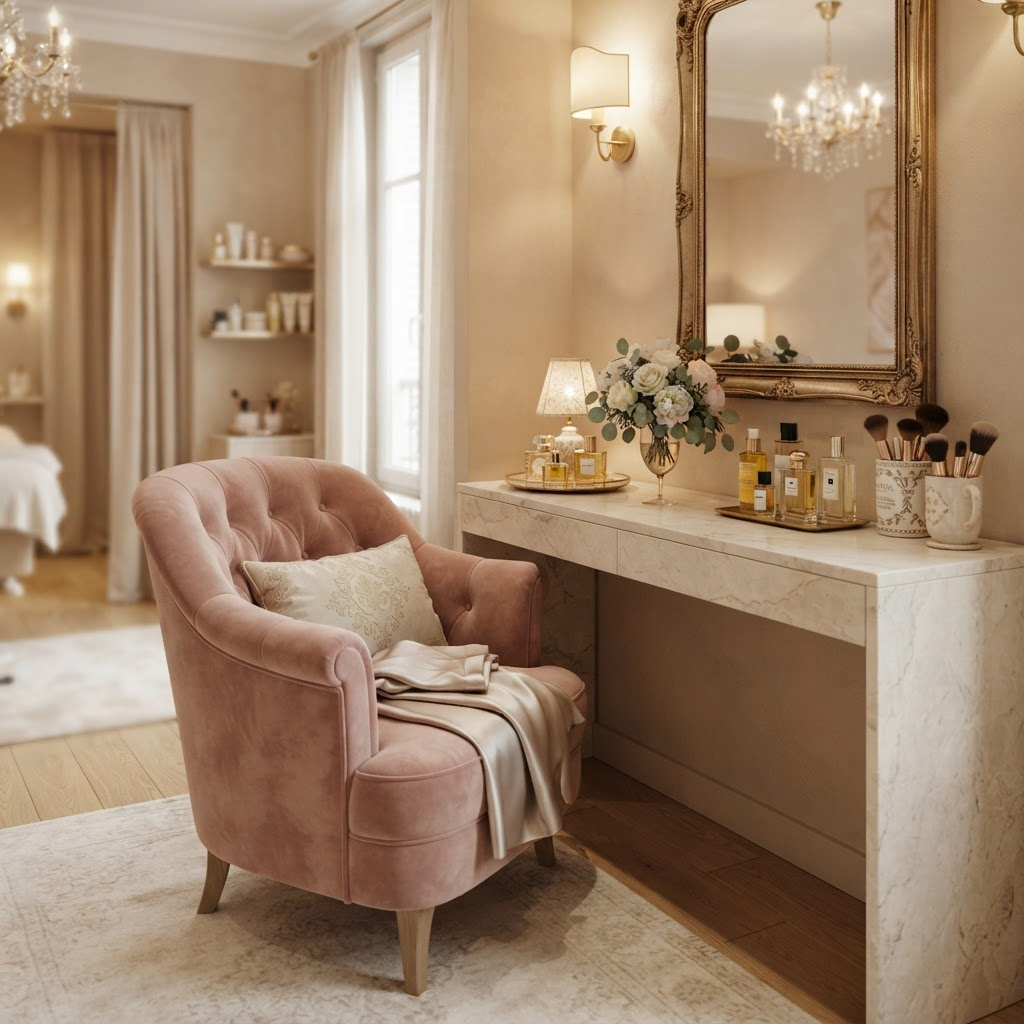 Elegant blush and gold styling corner inside Nish Studio